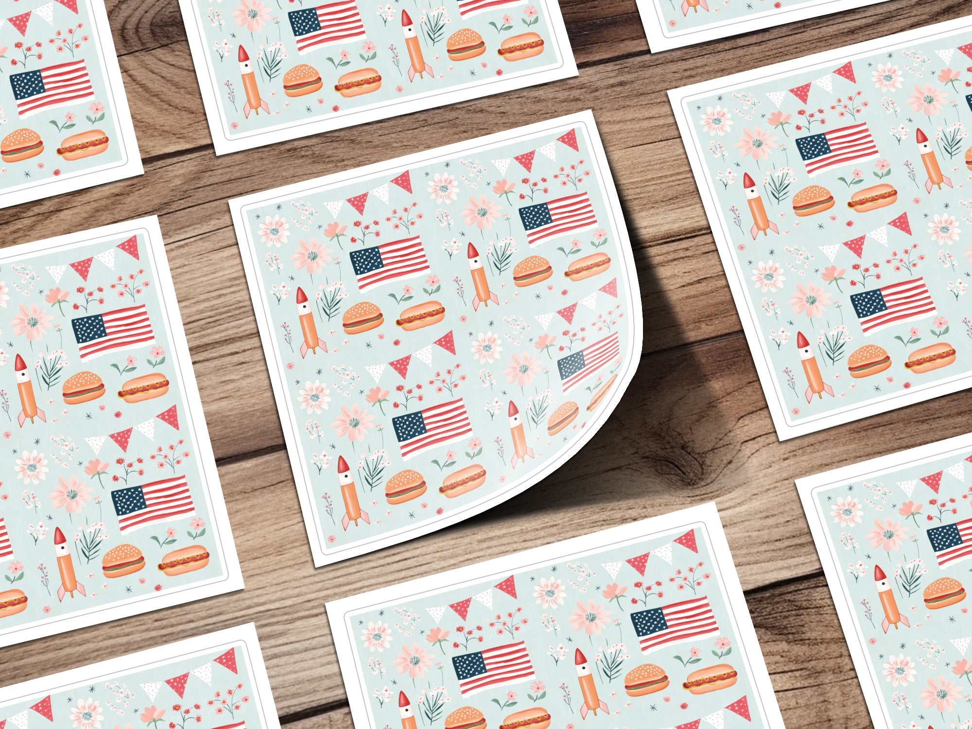 Seamless July 4th Pattern, Digital Patriotic Design, American Flag, Rocket, Hotdog and Burger Print, Festive Background, 4th of July