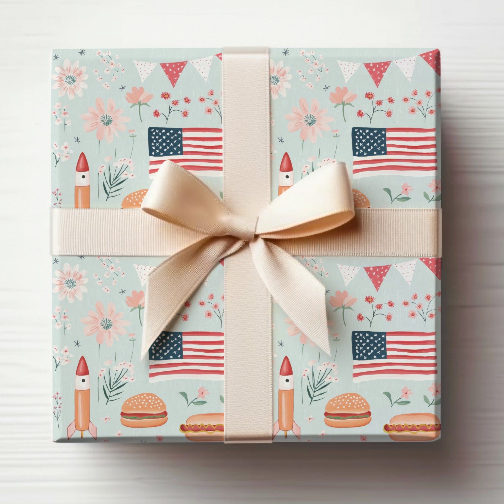 Seamless July 4th Pattern, Digital Patriotic Design, American Flag, Rocket, Hotdog and Burger Print, Festive Background, 4th of July