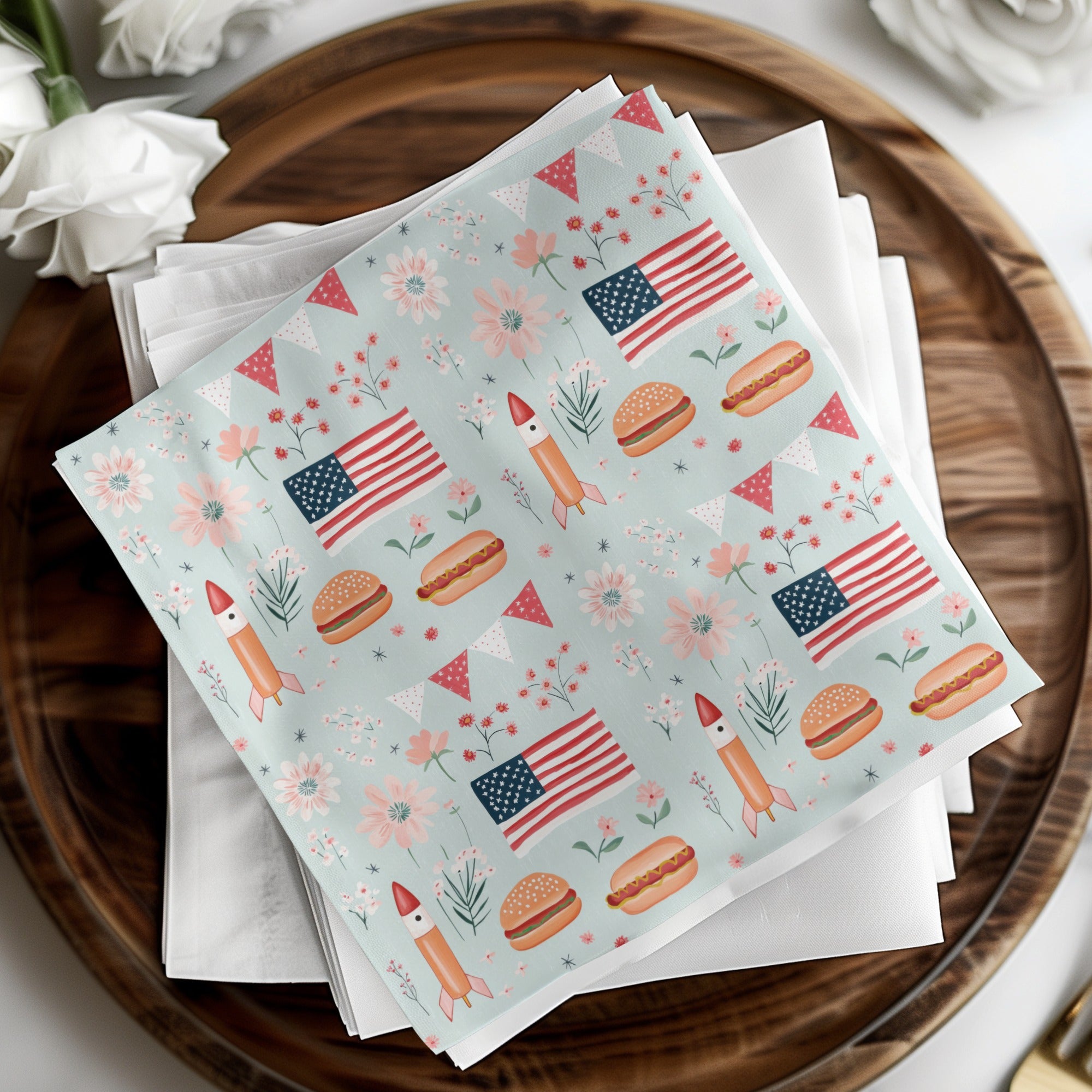 Seamless July 4th Pattern, Digital Patriotic Design, American Flag, Rocket, Hotdog and Burger Print, Festive Background, 4th of July
