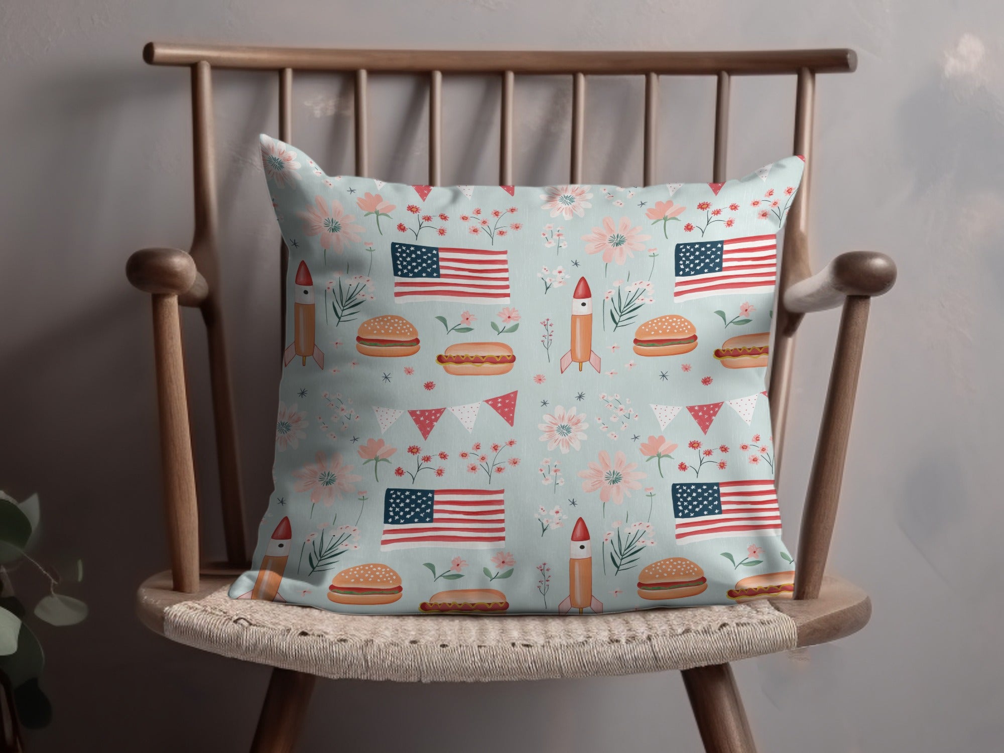 Seamless July 4th Pattern, Digital Patriotic Design, American Flag, Rocket, Hotdog and Burger Print, Festive Background, 4th of July