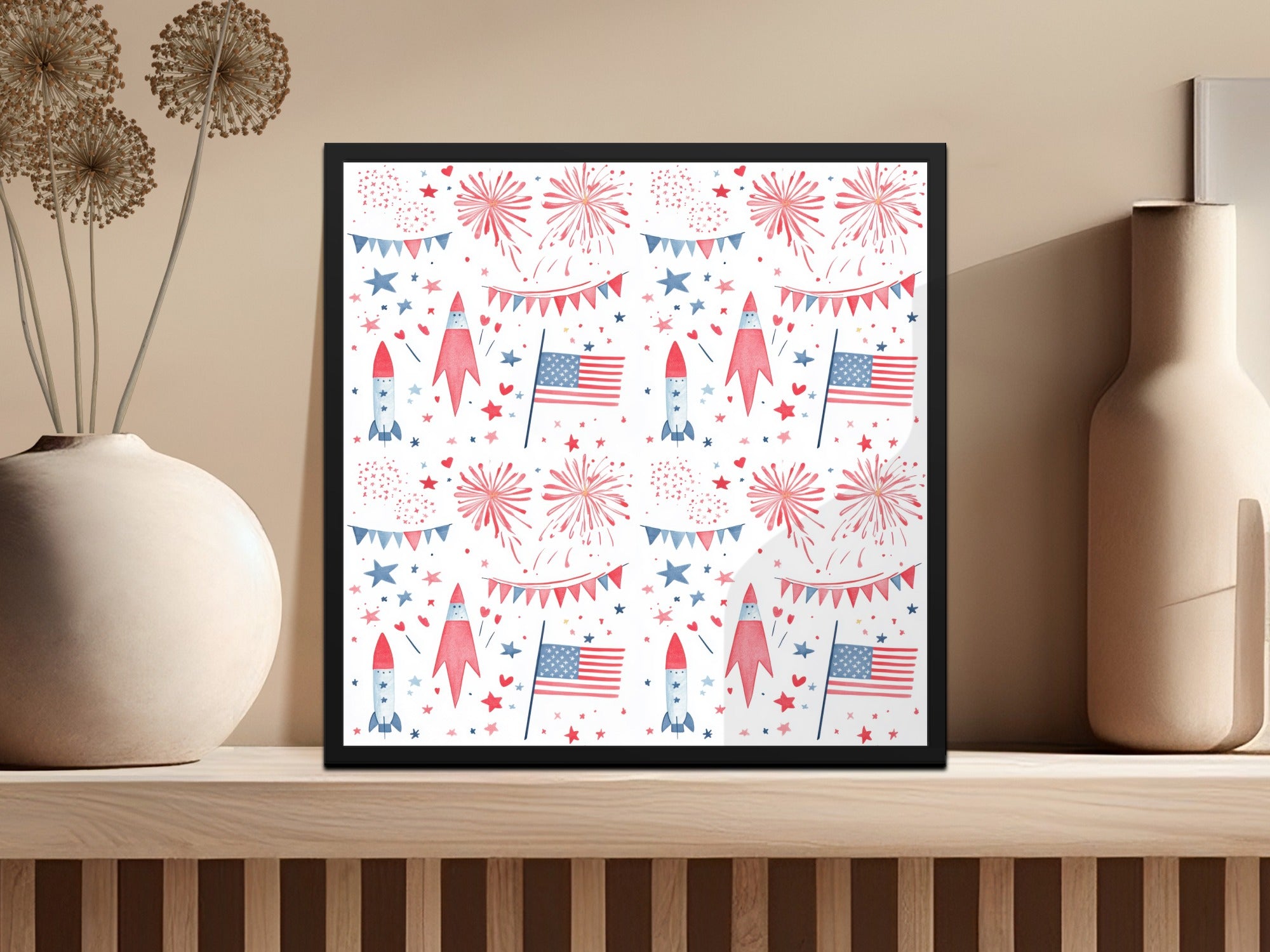 Seamless July 4th Pattern Digital, Red White Blue Patriotic Design, Fireworks, Rocket, Flag, Independence Day, Festive Repeat Pattern