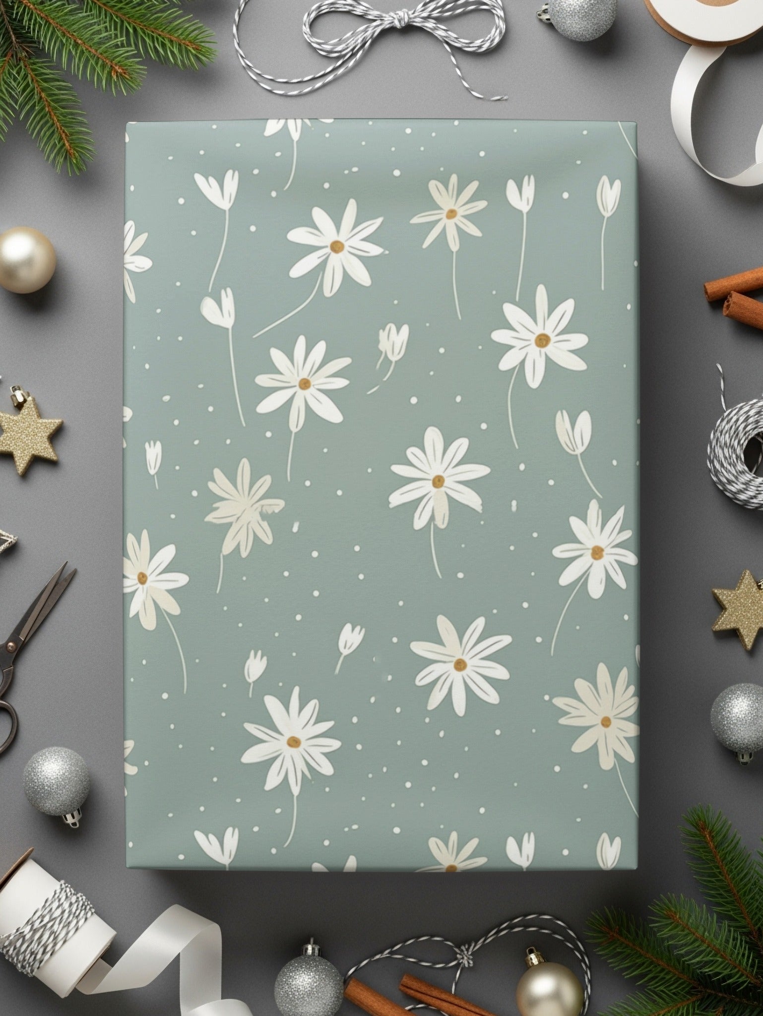 Seamless Minimalist Boho Sage Green Daisies Pattern Digital