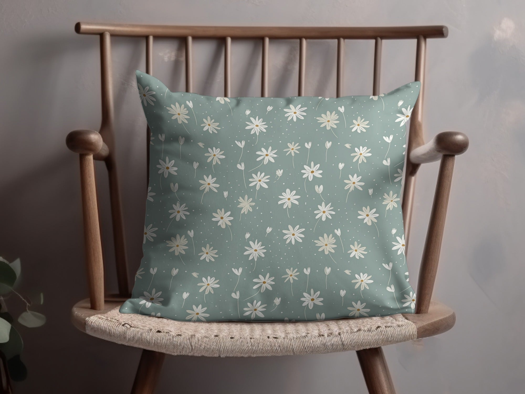 Seamless Minimalist Boho Sage Green Daisies Pattern Digital