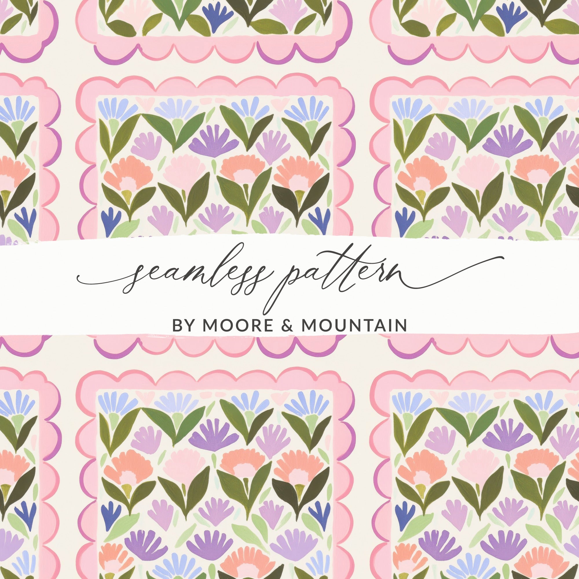 Seamless Pastel Floral Pattern Digital, Folk Art Flowers Scalloped Frame, Whimsical Botanical Tile Repeat, Nursery Wallpaper Design