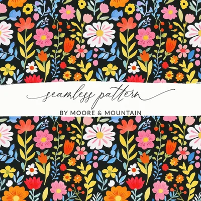 Seamless Dark Bright 70s Floral Pattern for Commercial Use Flower Power