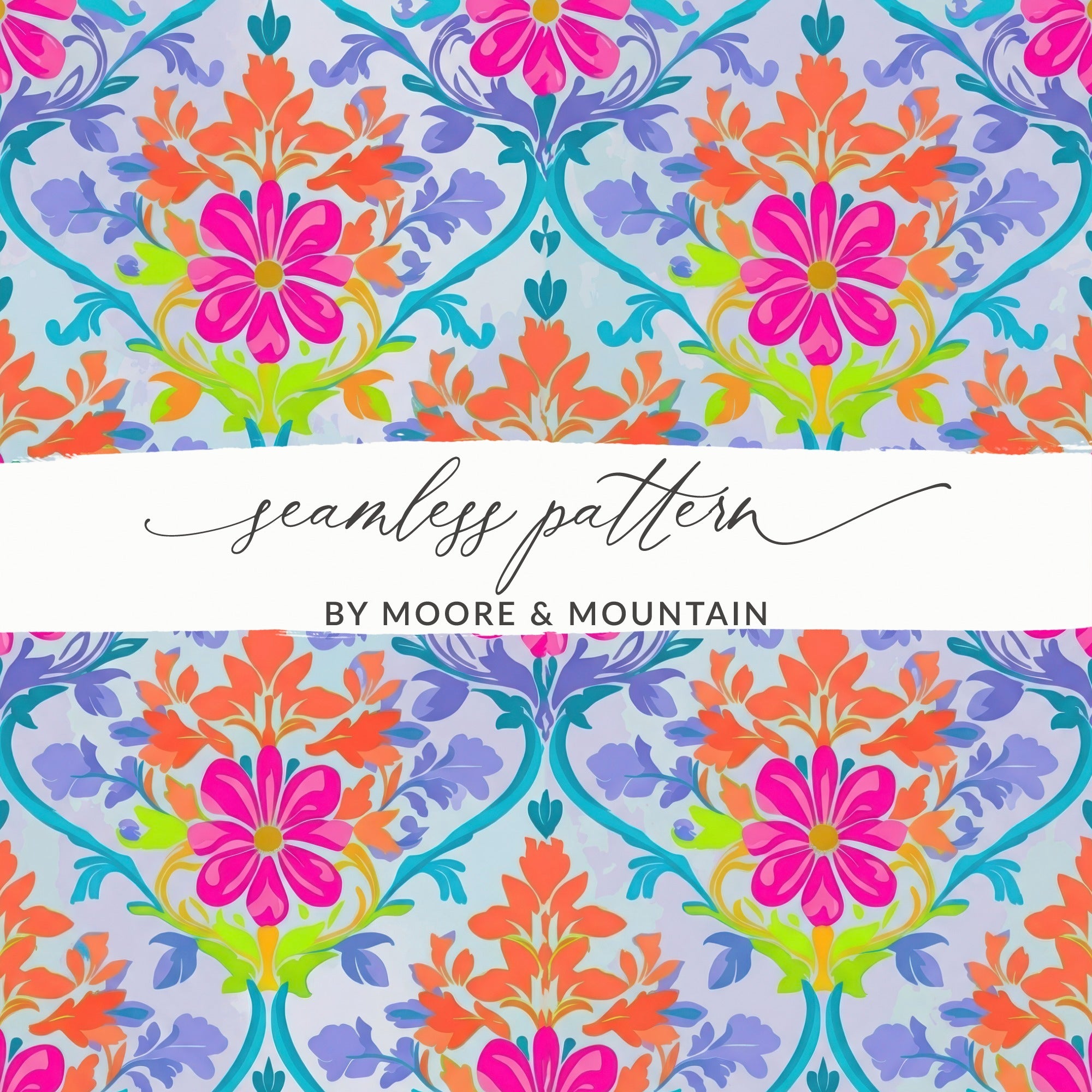 Seamless Pattern JPEG Digital, Vibrant Floral Damask Art File, Retro Bright Flowers Print, Maximalist Craft Supply, Eclectic Background