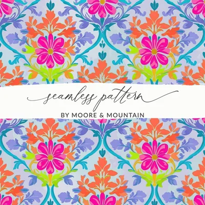 Seamless Pattern JPEG Digital, Vibrant Floral Damask Art File, Retro Bright Flowers Print, Maximalist Craft Supply, Eclectic Background