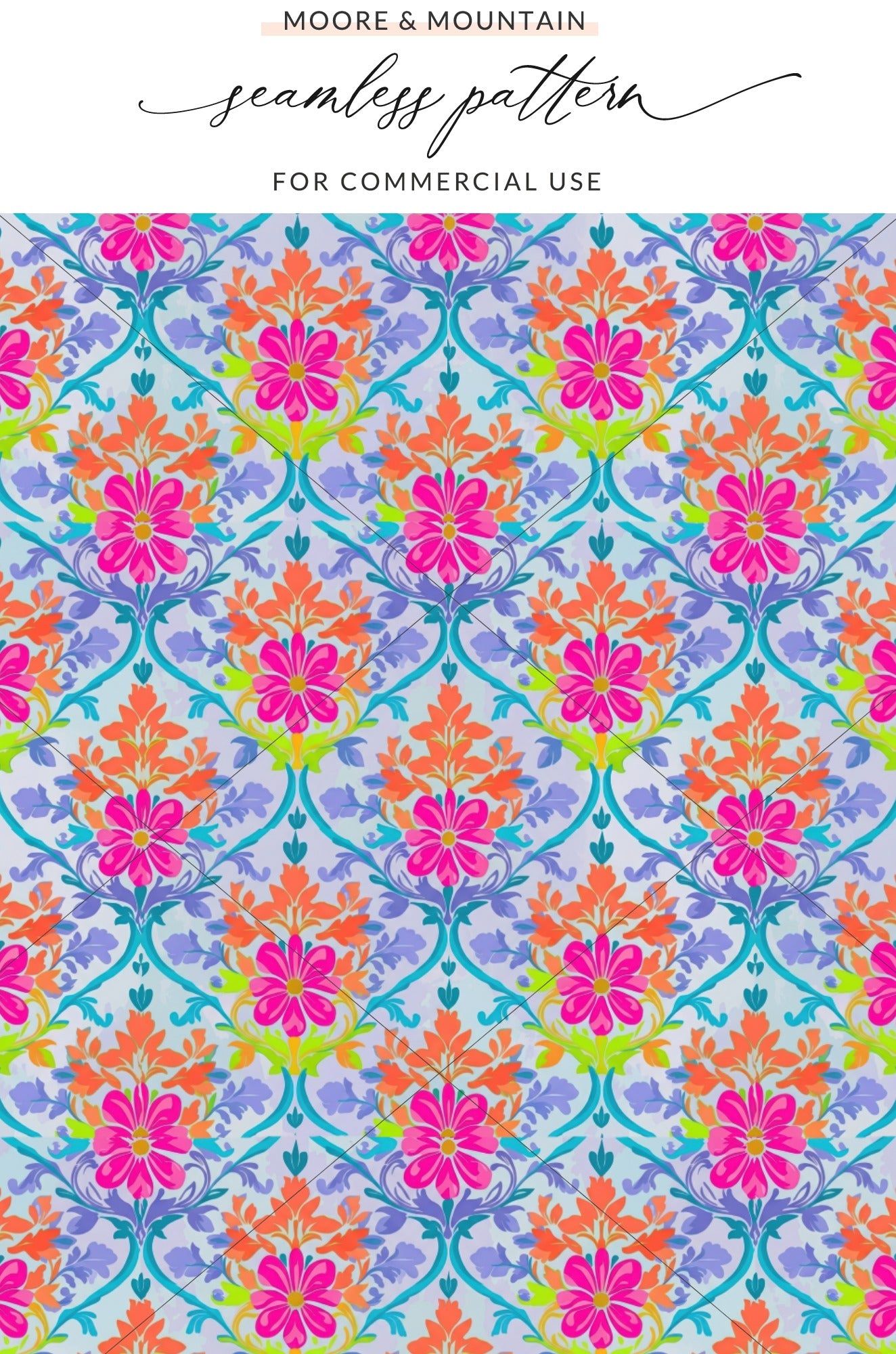 Seamless Pattern JPEG Digital, Vibrant Floral Damask Art File, Retro Bright Flowers Print, Maximalist Craft Supply, Eclectic Background