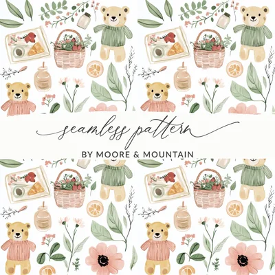 Seamless Pattern, Teddy Bear Digital Paper, Basket Pattern, Floral Illustration, Baby Shower Fabric, Scrapbooking, Commercial Use