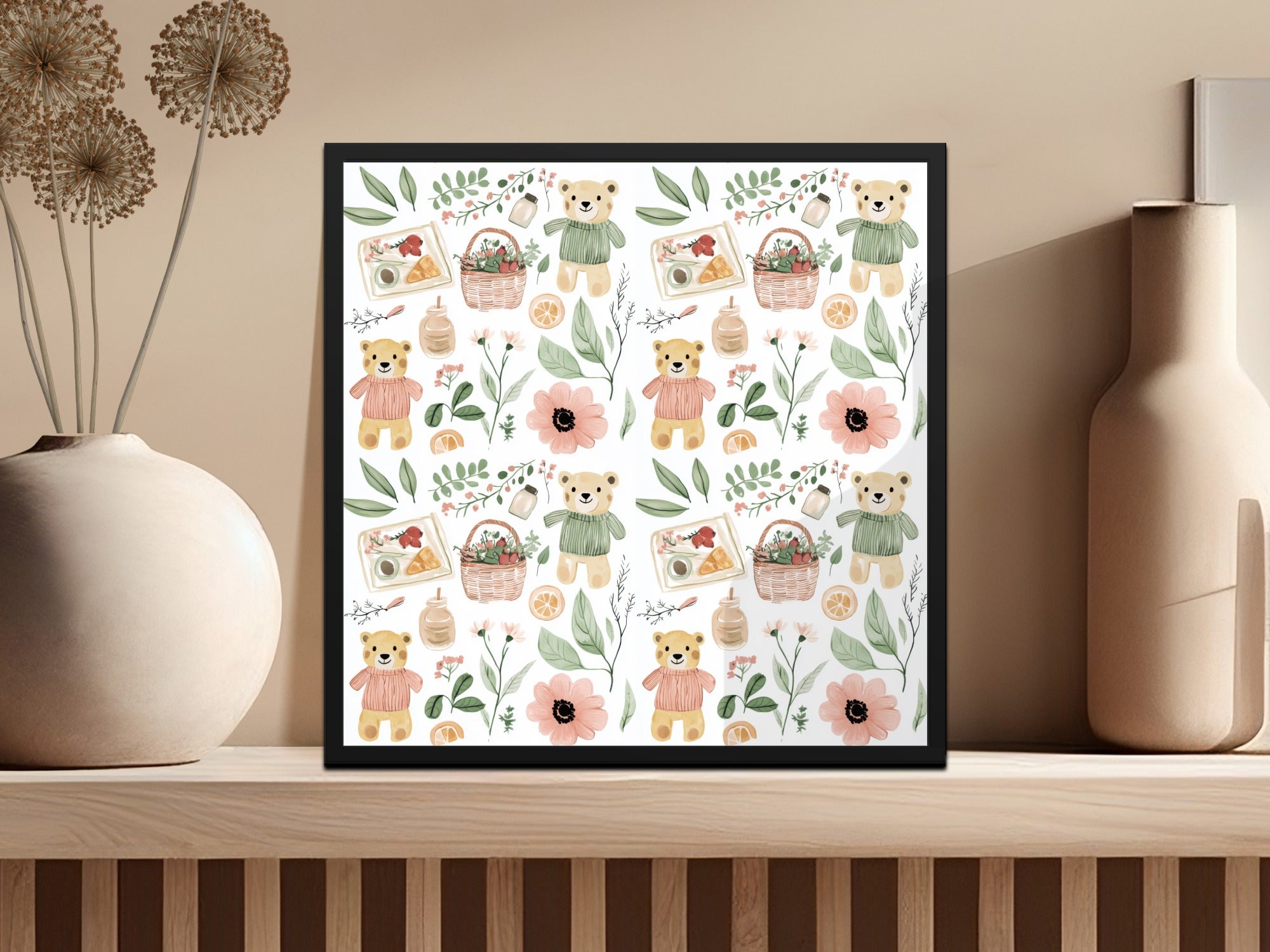 Seamless Pattern, Teddy Bear Digital Paper, Basket Pattern, Floral Illustration, Baby Shower Fabric, Scrapbooking, Commercial Use