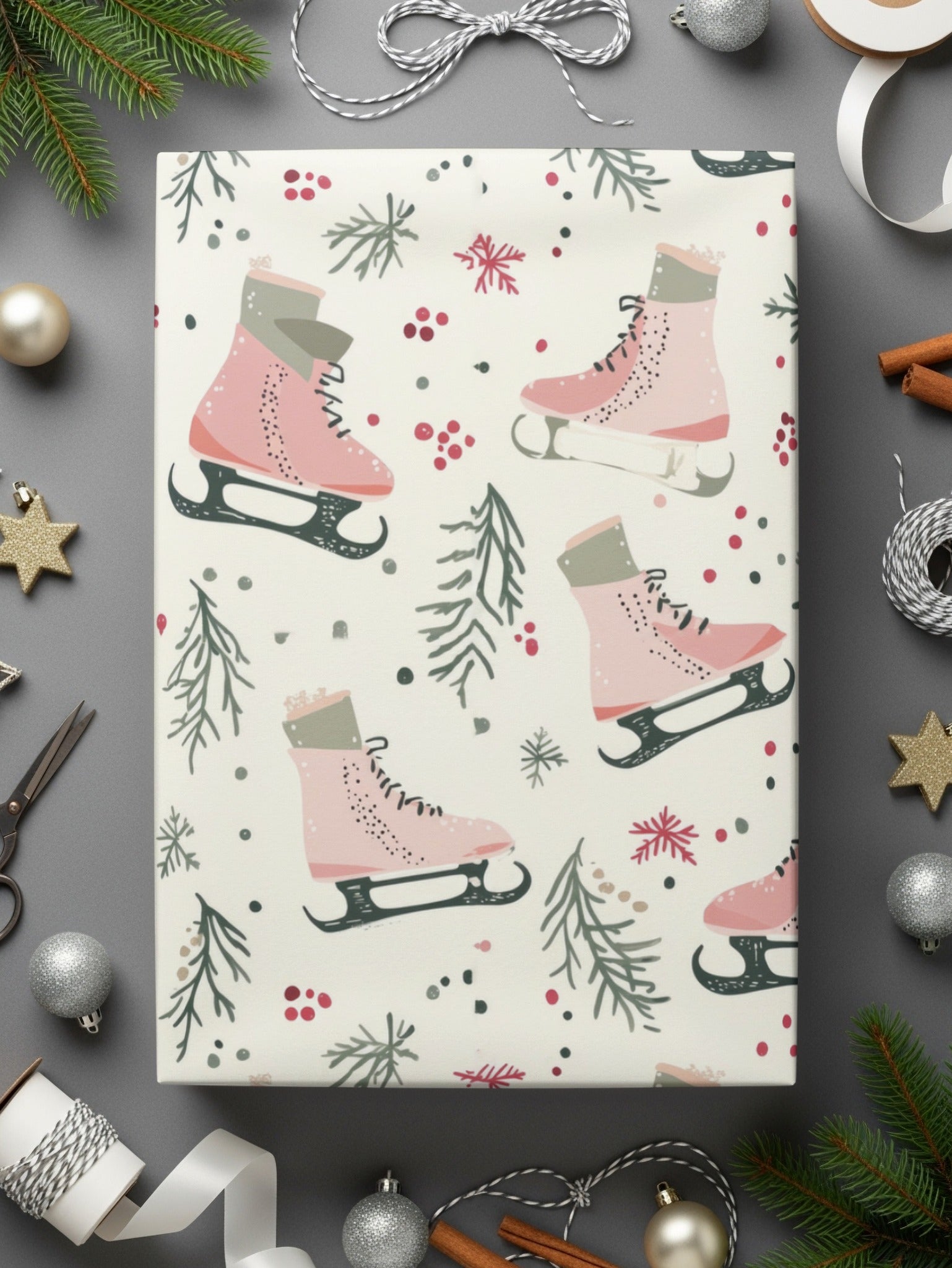 Seamless Pink Ice Skates Pattern for Commercial Use Winter Christmas Background