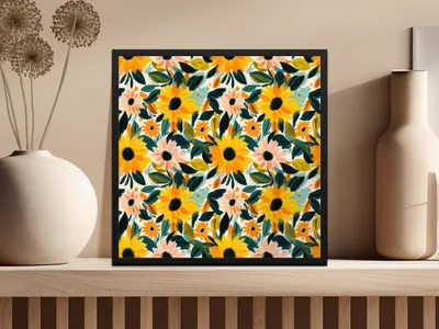 Seamless Sunflower Pattern Yellow and Blush Gouache Sunflowers