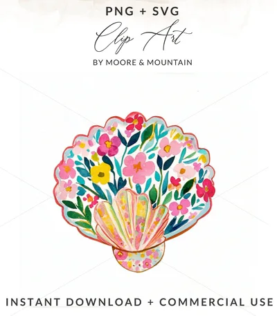 Seashell Floral Clipart, Summer Beach PNG, Pastel Nautical SVG, Trendy Girly Design, Cute Ocean Illustration, Cricut Cut File SVG