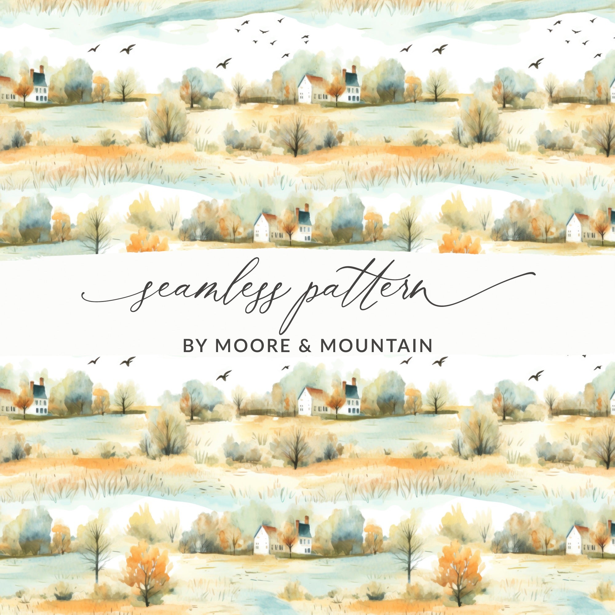 Serene Landscape With Farmhouses and Birds Seamless Pattern Digital