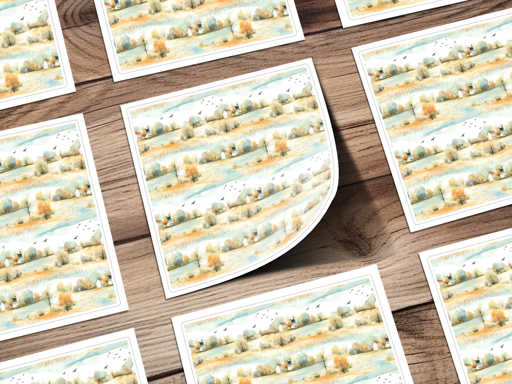 Serene Landscape With Farmhouses and Birds Seamless Pattern Digital