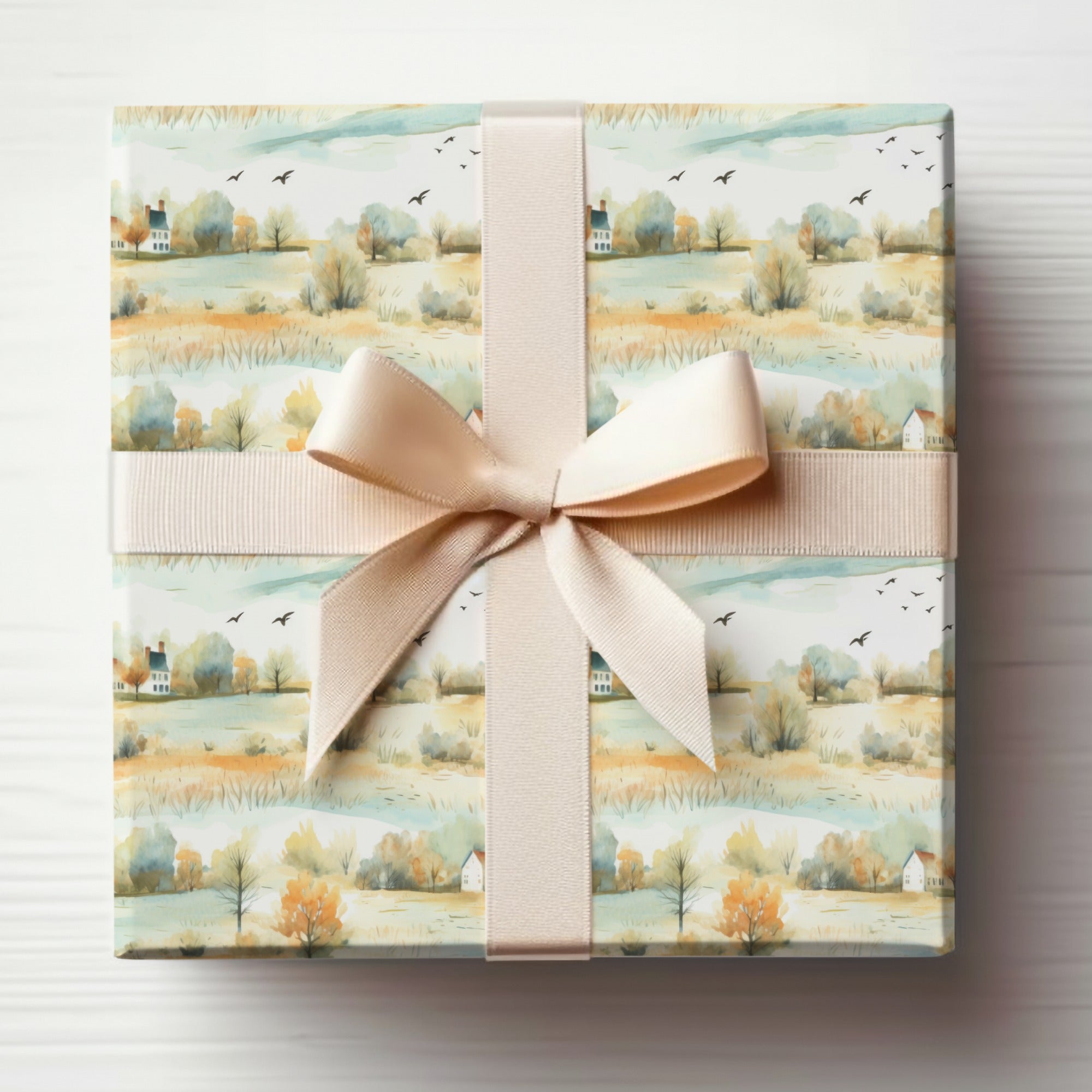 Serene Landscape With Farmhouses and Birds Seamless Pattern Digital