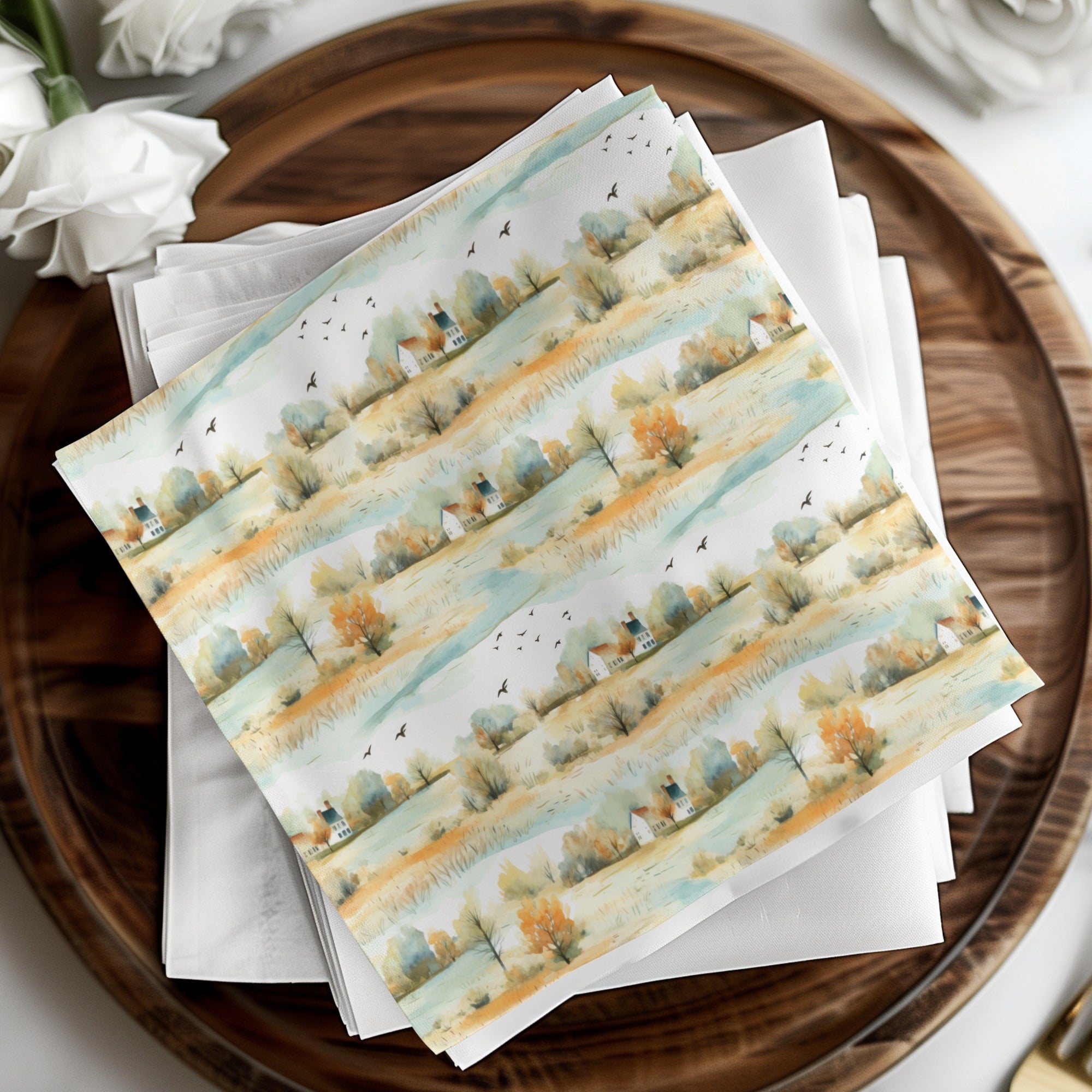 Serene Landscape With Farmhouses and Birds Seamless Pattern Digital