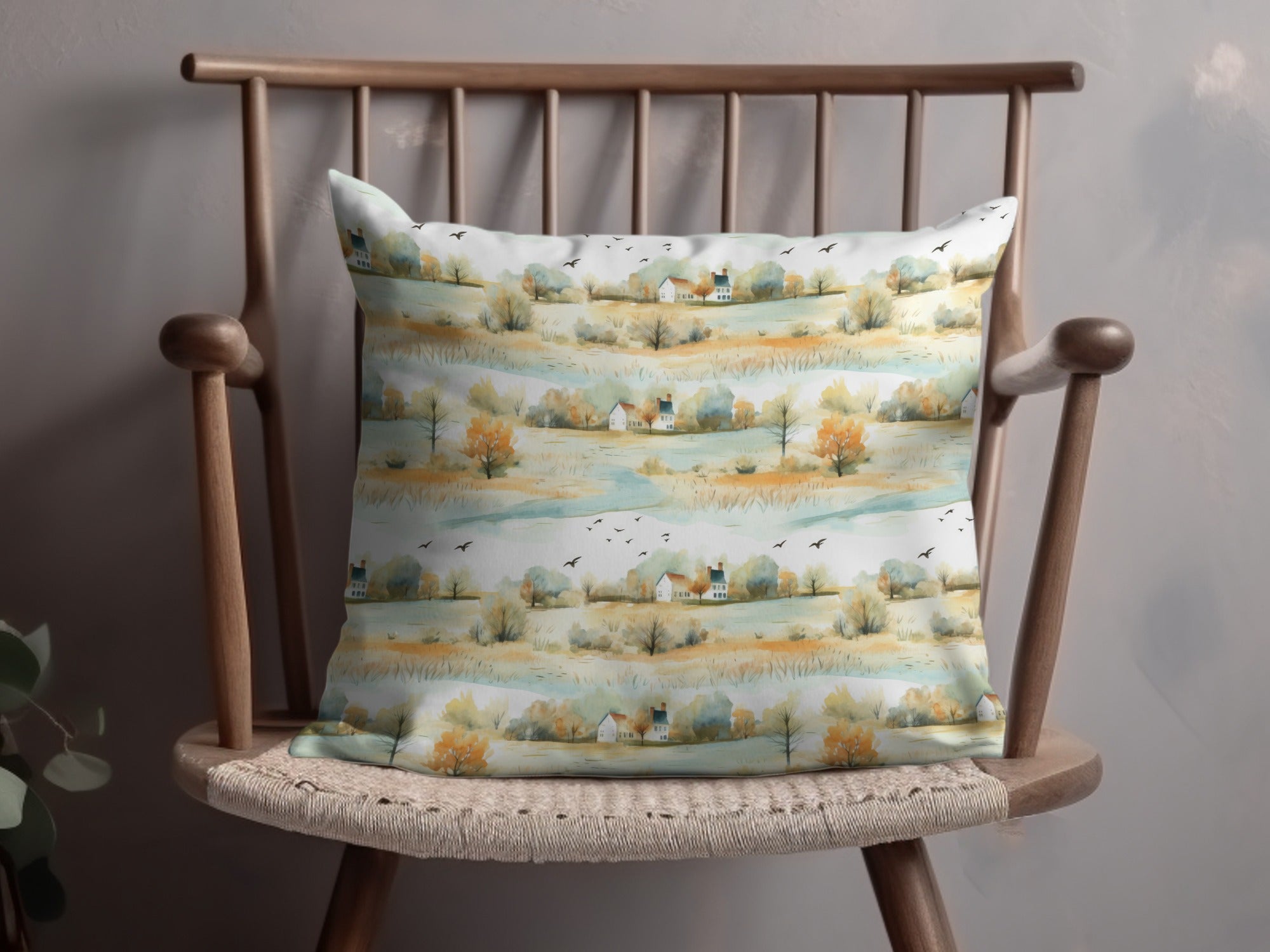 Serene Landscape With Farmhouses and Birds Seamless Pattern Digital