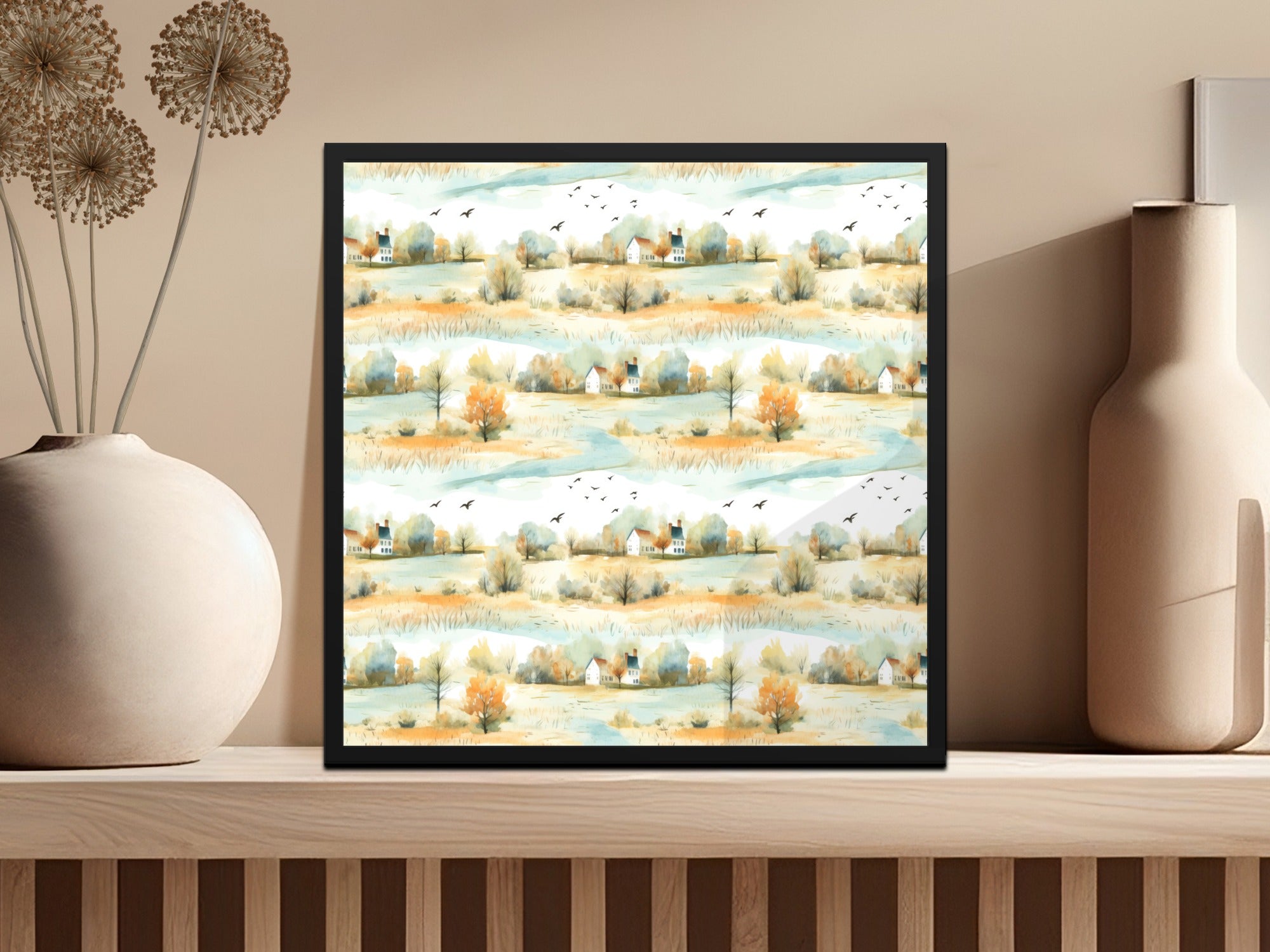 Serene Landscape With Farmhouses and Birds Seamless Pattern Digital