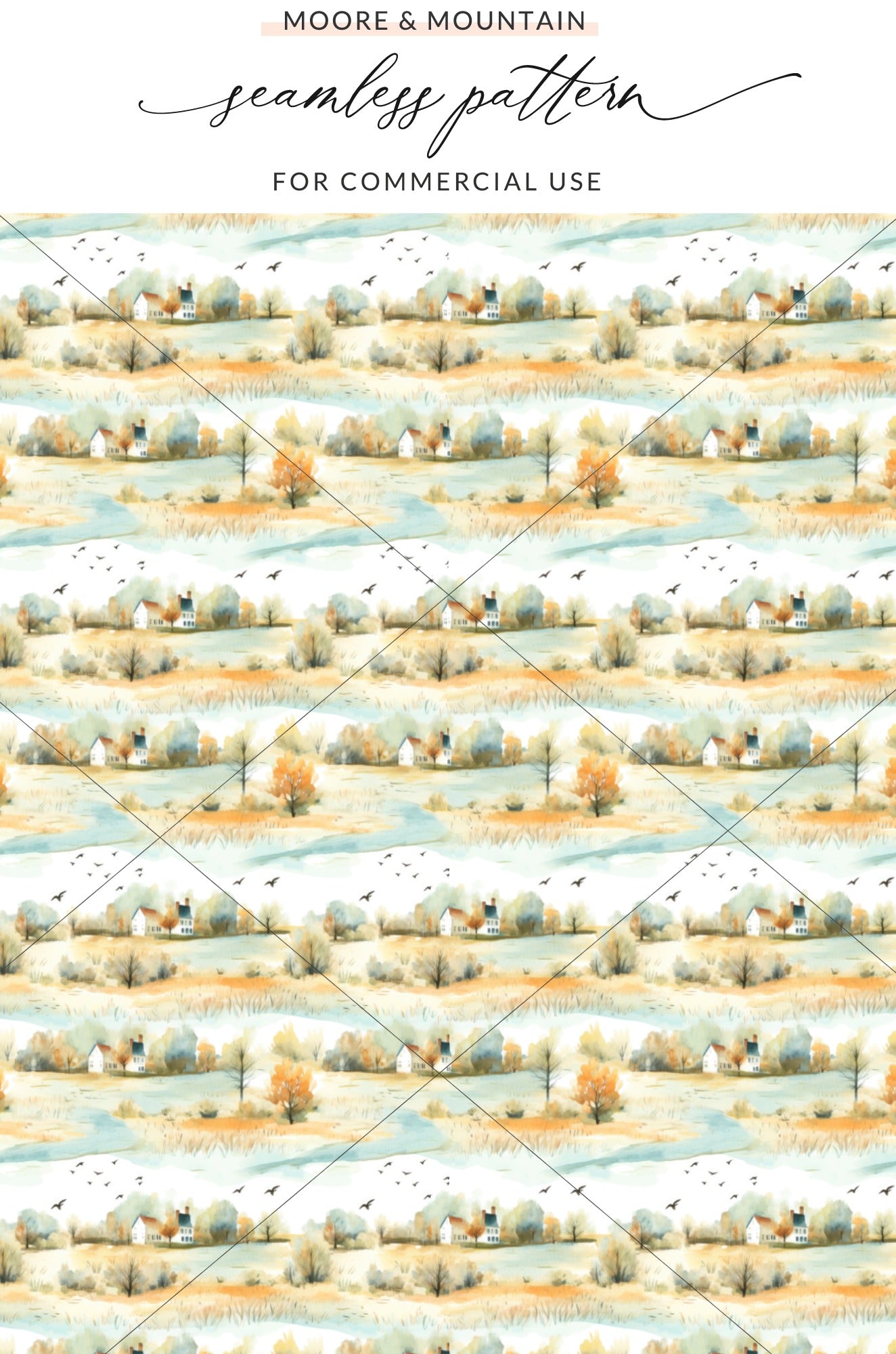 Serene Landscape With Farmhouses and Birds Seamless Pattern Digital