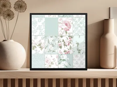 Shabby Chic Patchwork Digital Paper, Floral Seamless Pattern, Mint Green Pink Fabric Design, Printable Background, Scrapbooking Paper