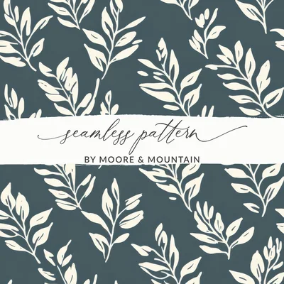 Simple Navy Blue Leaf Digital Paper, Seamless Laurel Background Dark Blue JPEG