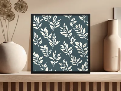 Simple Navy Blue Leaf Digital Paper, Seamless Laurel Background Dark Blue JPEG