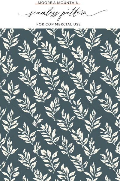 Simple Navy Blue Leaf Digital Paper, Seamless Laurel Background Dark Blue JPEG