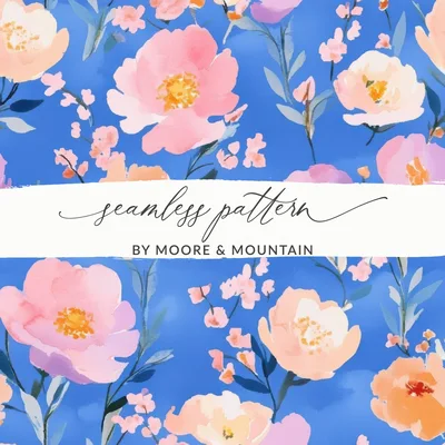 Sky Blue and Blush Watercolor Floral Digital Paper, Seamless Blue and Pink Watercolor Pattern Design