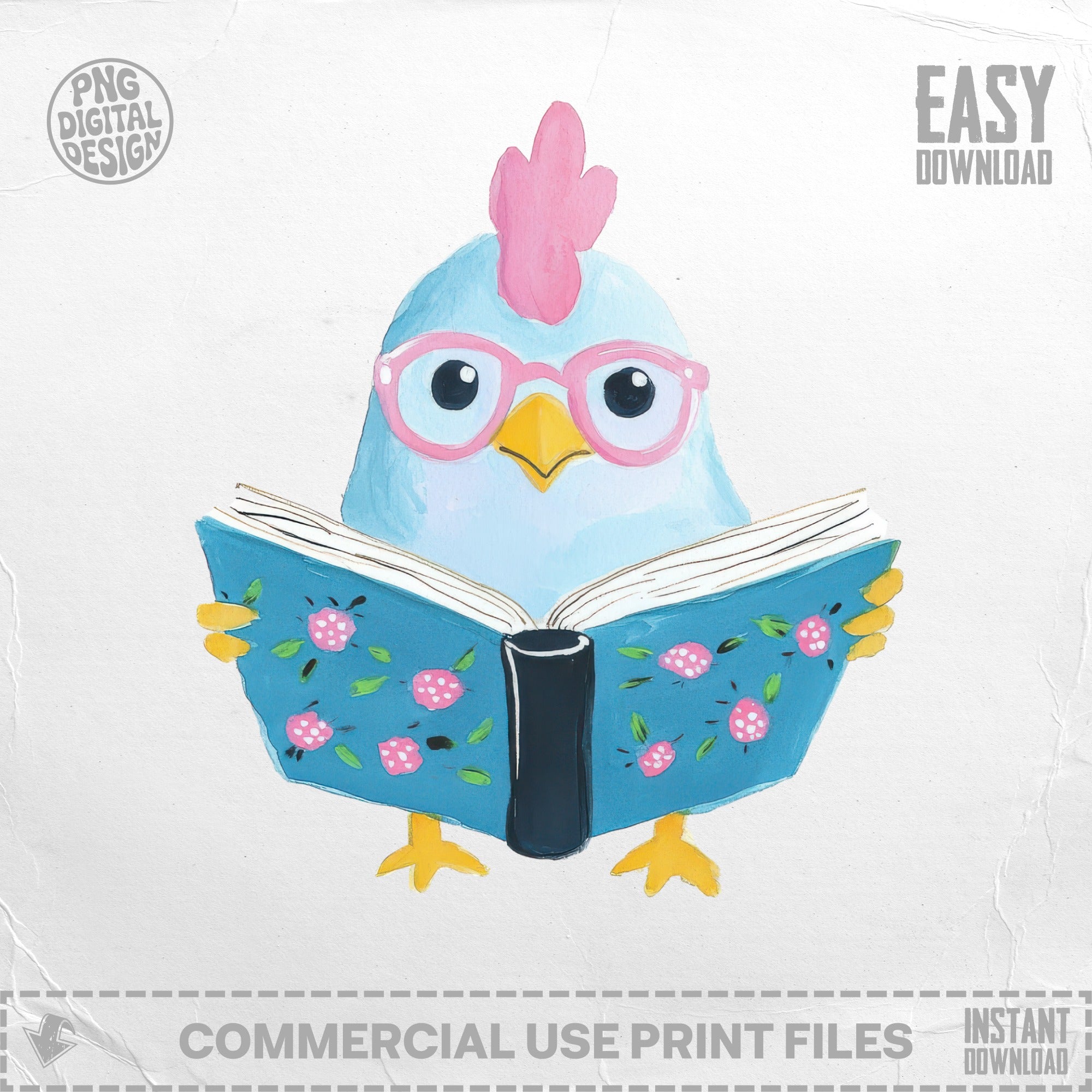 Smart Chicken Reading Book Preppy Clip Art SVG | Cute Hen with Glasses Digital Download for Readers, Teachers, Farmhouse Decor & Planners