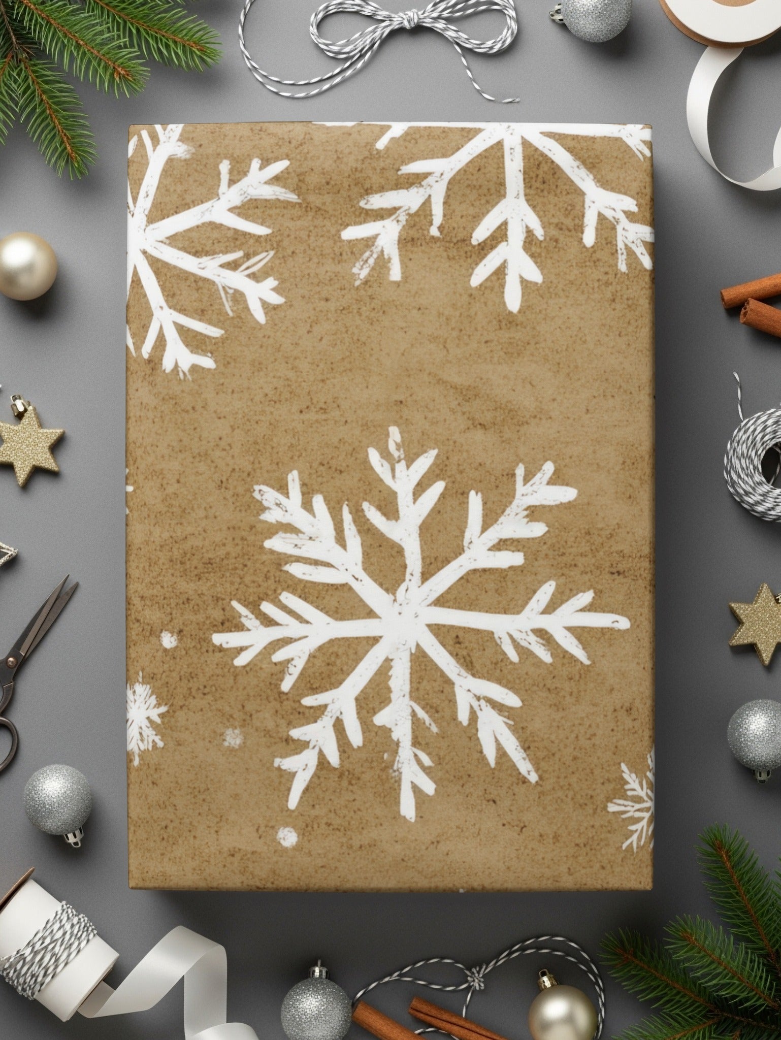 Snowflake Digital Paper, Seamless Christmas Pattern, Rustic Holiday Background, Winter Scrapbook Paper, Brown Texture, Commercial Use