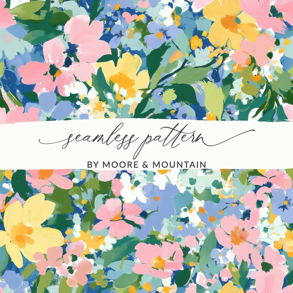 Spring Acrylic Floral Seamless Pattern, Pink Yellow Flowers Digital Paper, Painterly Bloom Texture, - Moore and Mountain
