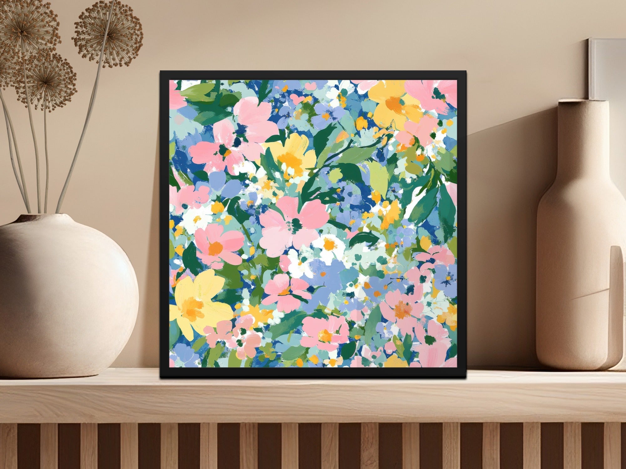 Spring Acrylic Floral Seamless Pattern, Pink Yellow Flowers Digital Paper, Painterly Bloom Texture,