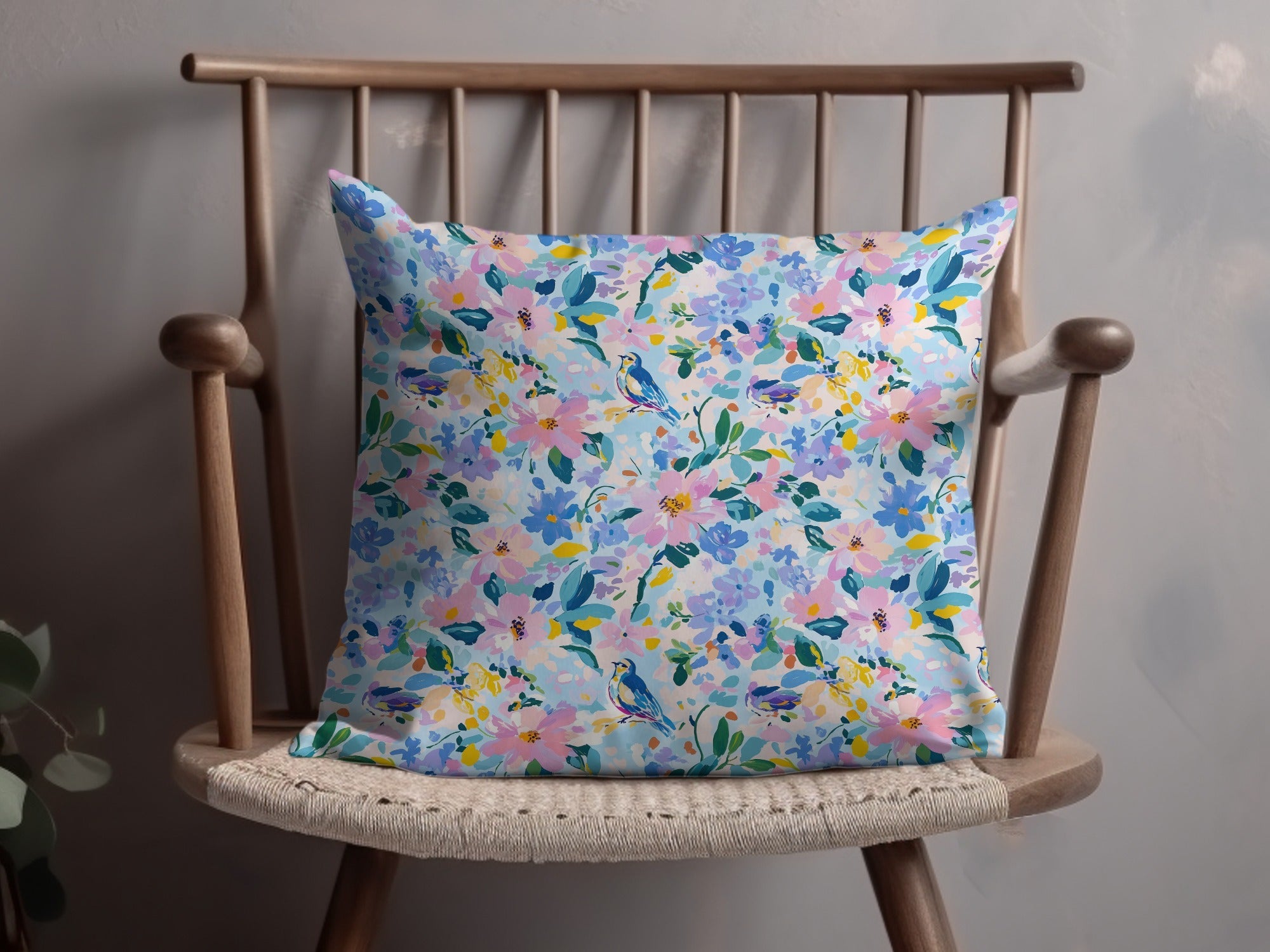 Spring Blue Bird Among Pastel Floral Abstract Pattern | Seamless Digital Image | Instant Download