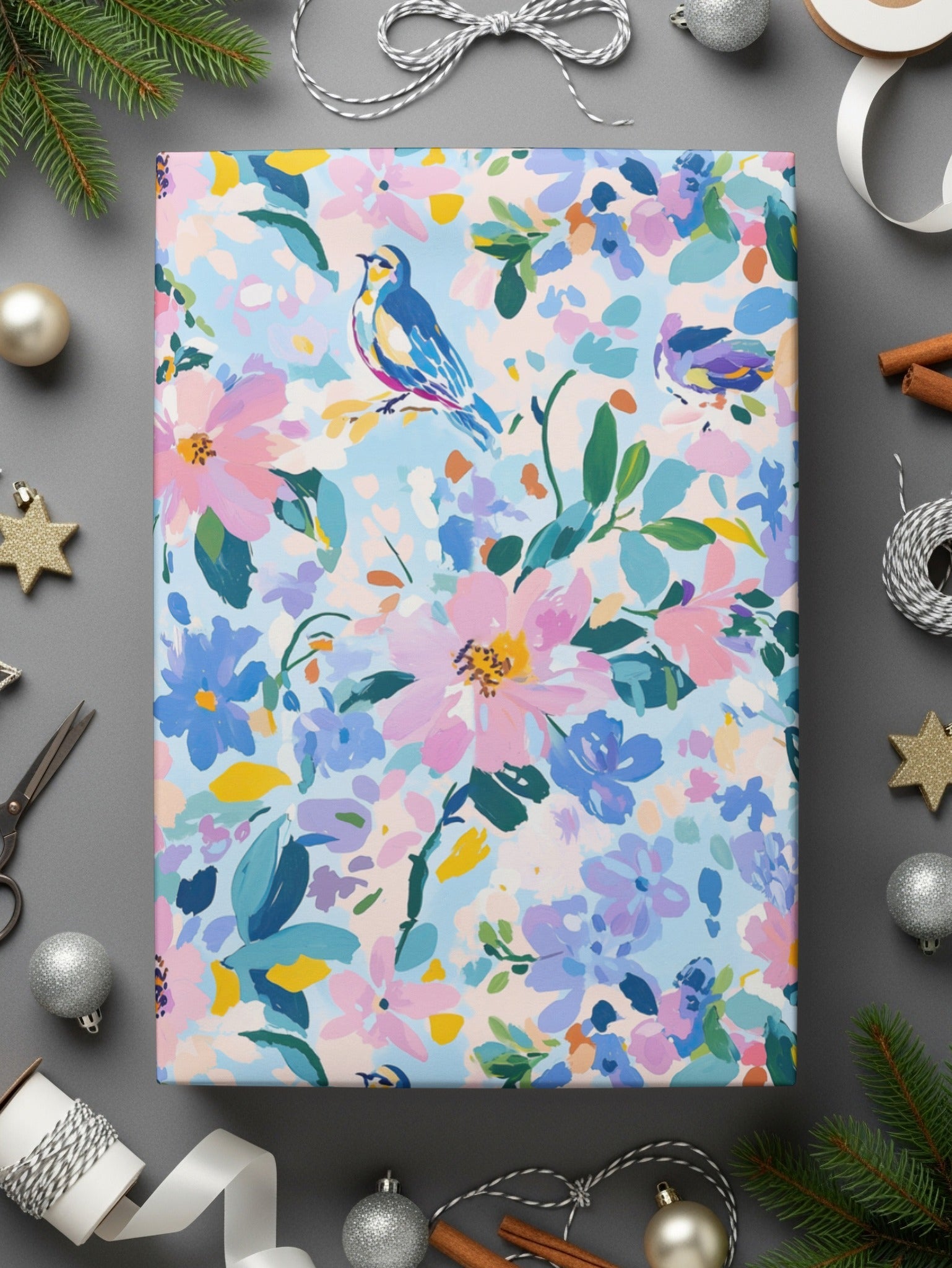 Spring Blue Bird Among Pastel Floral Abstract Pattern | Seamless Digital Image | Instant Download