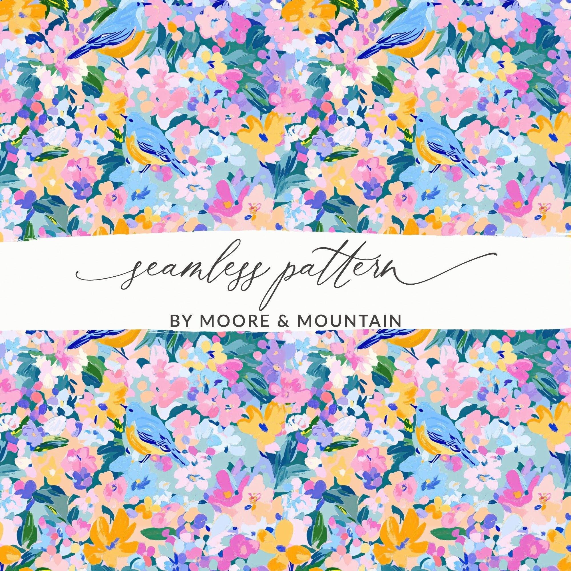 Spring Bluebird and Bloom Symphony Floral Fantasy | Digital Art Print | Impressionistic Floral Pattern