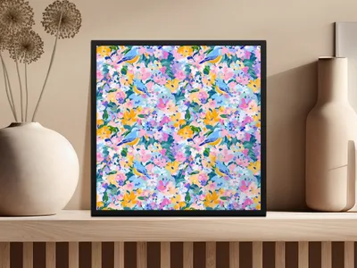 Spring Bluebird and Bloom Symphony Floral Fantasy | Digital Art Print | Impressionistic Floral Pattern