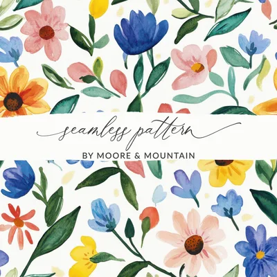 Spring Cute Watercolor Floral Field Seamless Pattern, Cute Painterly Summery Cutesy Floral