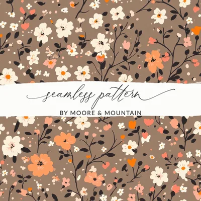 Spring Ditsy Floral Seamless Pattern with Orange Peach Digital