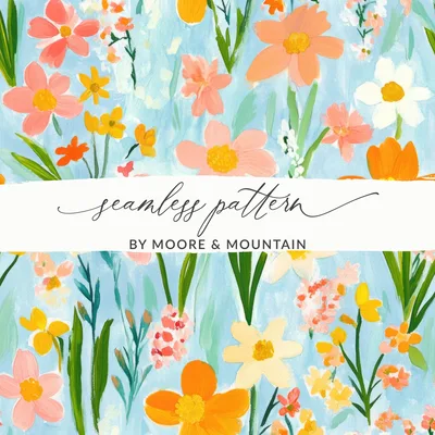 Spring Floral Pattern, Light Blue, Painted Acrylic Spring Flower Pattern, Daffodil, Daisies Digital Download, Seamless Flower Field