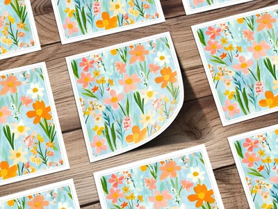Spring Floral Pattern, Light Blue, Painted Acrylic Spring Flower Pattern, Daffodil, Daisies Digital Download, Seamless Flower Field