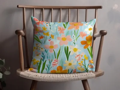 Spring Floral Pattern, Light Blue, Painted Acrylic Spring Flower Pattern, Daffodil, Daisies Digital Download, Seamless Flower Field