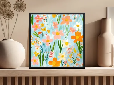 Spring Floral Pattern, Light Blue, Painted Acrylic Spring Flower Pattern, Daffodil, Daisies Digital Download, Seamless Flower Field