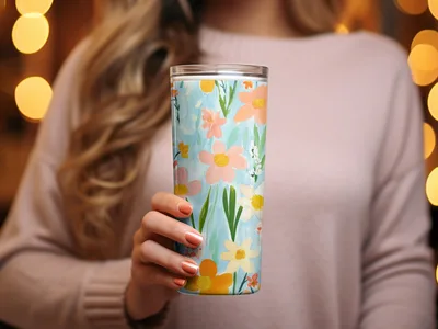 Spring Floral Pattern, Light Blue, Painted Acrylic Spring Flower Pattern, Daffodil, Daisies Digital Download, Seamless Flower Field