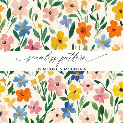 Spring Floral Pattern, Painted Gouache Spring Florals, Blush, Yellow, Light Blue, Seamless Flower Field Digital