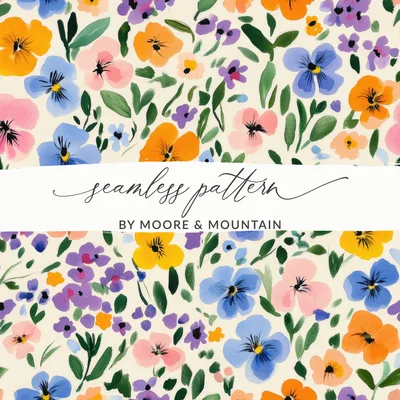 Spring Floral Pattern, Pastel Pansies, Painted Gouache Spring Florals, Multicolored Flower Field, Digital