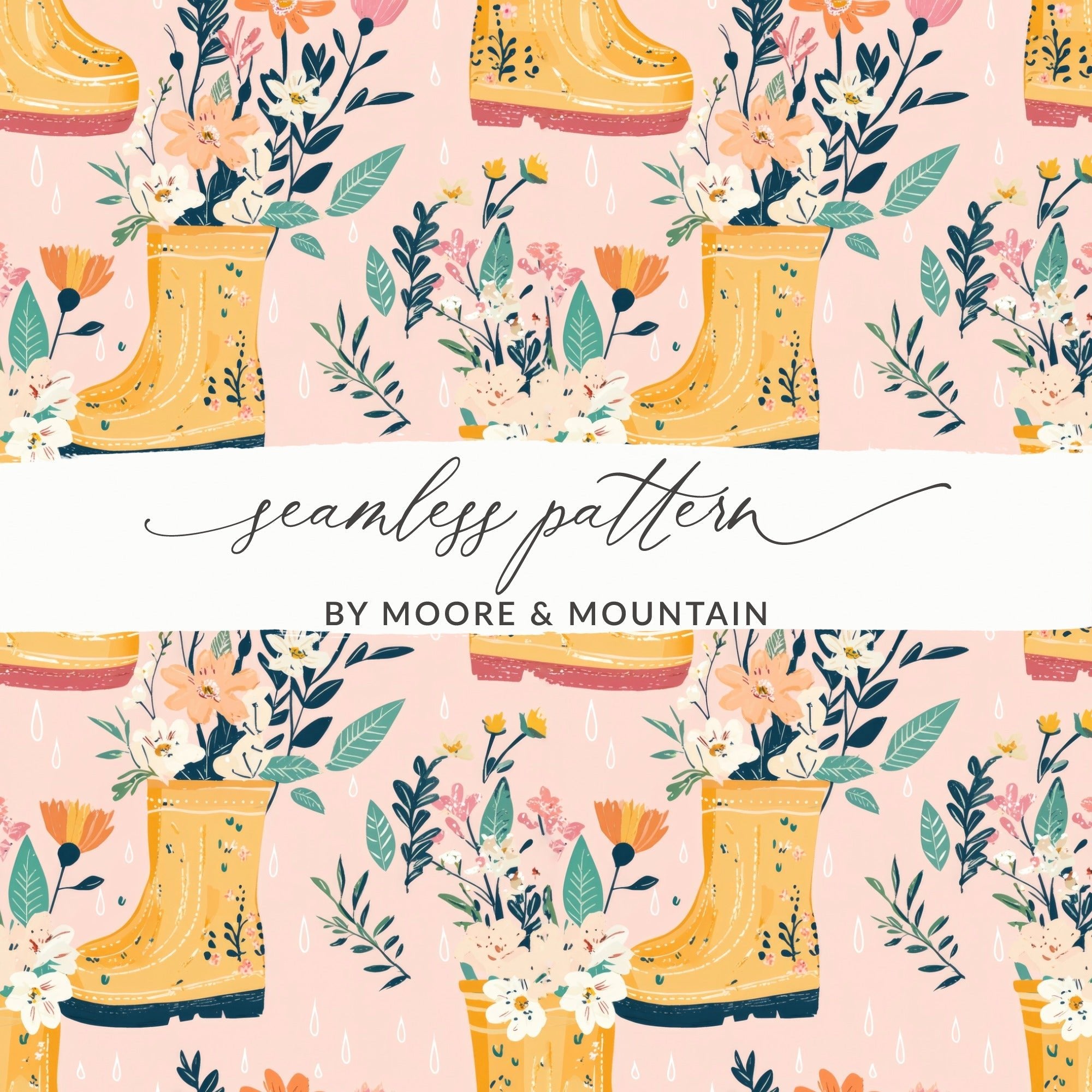 Spring Showers Floral Rain Boots Seamless Pattern for Fabric