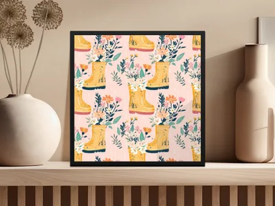 Spring Showers Floral Rain Boots Seamless Pattern for Fabric