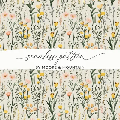 Spring Wildflowers Pattern, Boho Wildflower Seamless, Pastel Wildflowers Digital Background, Seamless Wildflower Field, Yellow and Blush