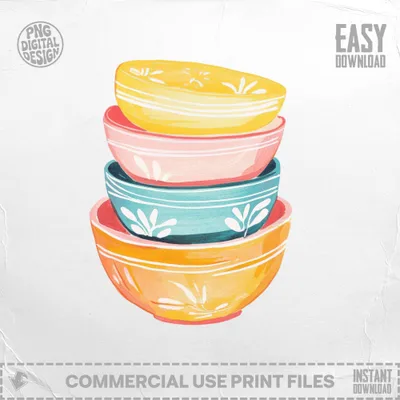 Stacked Bowls SVG Digital File, Preppy Clip Art Kitchen Decor, Cute Baking Bowl Design, Cozy Kitchen PNG, Home Baker Gift Digital Download